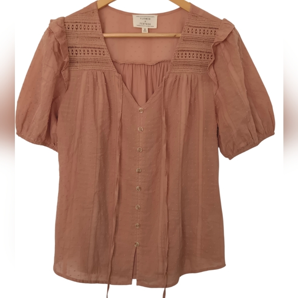 Flower & Feather Dusty Pink Button-Up Blouse Size Medium